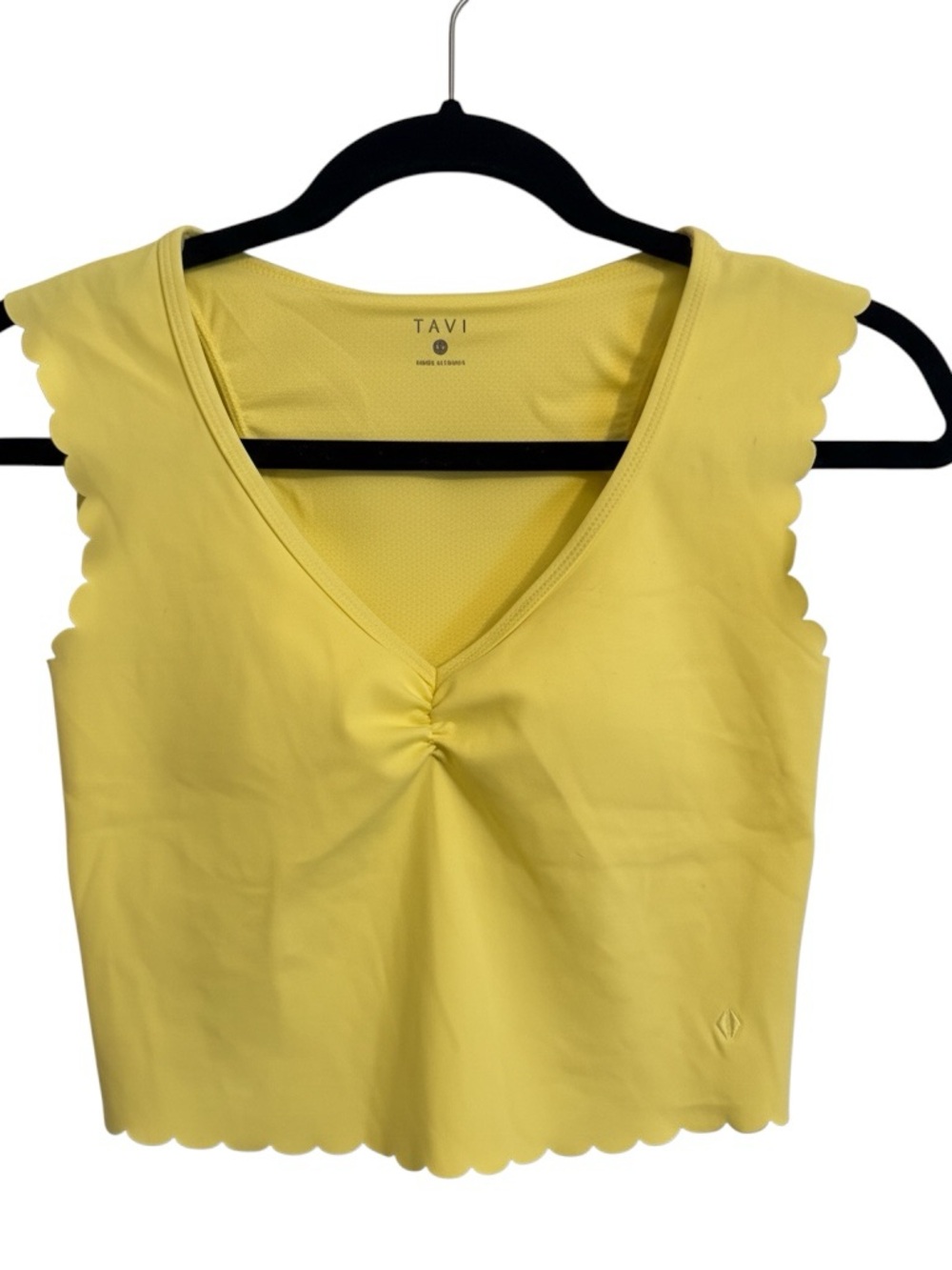 Tavi Yellow Scallop-Edge V-Neck Workout Crop, built in bra. XS
